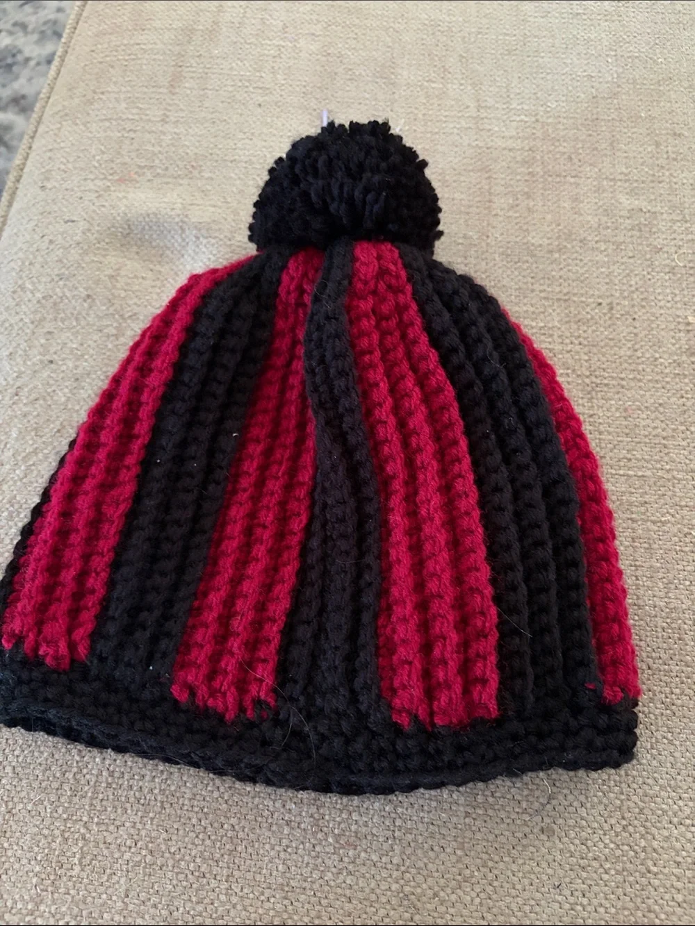 Handmade Striped crochet Pom Beanie Hat in Black and Red